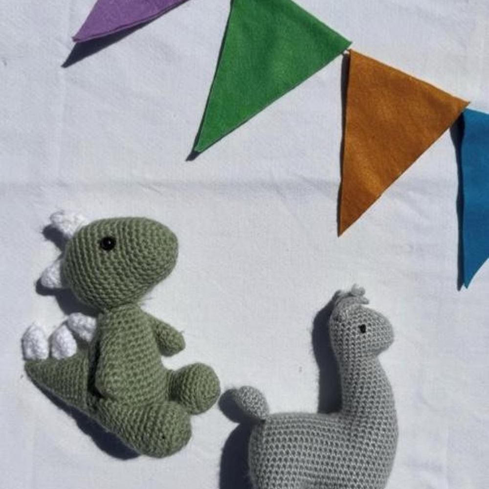 Handmade green and gray crochet Dino and llama